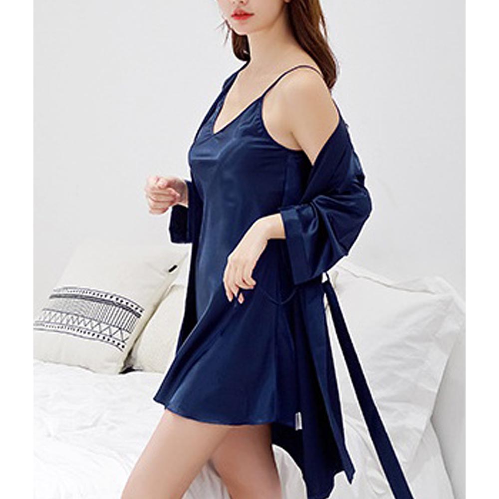 실키나잇 여성 잠옷세트 나이트가운 네이비 슬립세트 가운세트 잠옷가운세트 슬립가운 슬립로브
