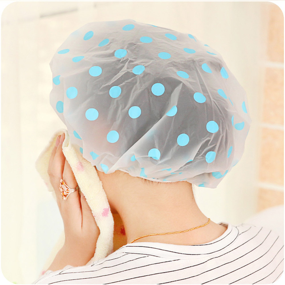 큐티 땡땡이 샤워캡 블루 PEVA 방수 헤어캡 헤어밴드 샴푸캡 목욕용품 헤어팩용헤어캡