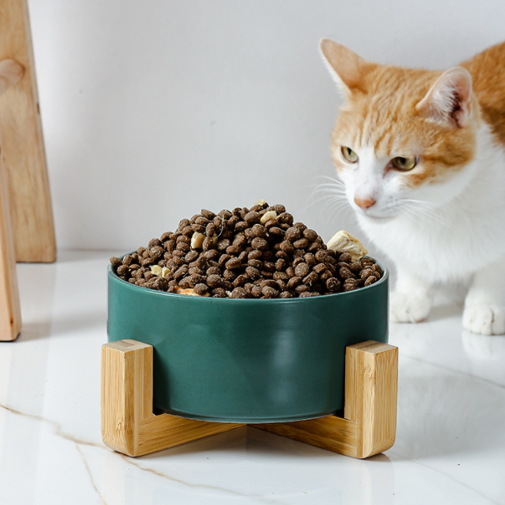 반려동물 우드받침 도자기식기 16cm 애완동물물그릇 강아지도자기식기 고양이도자기식기
